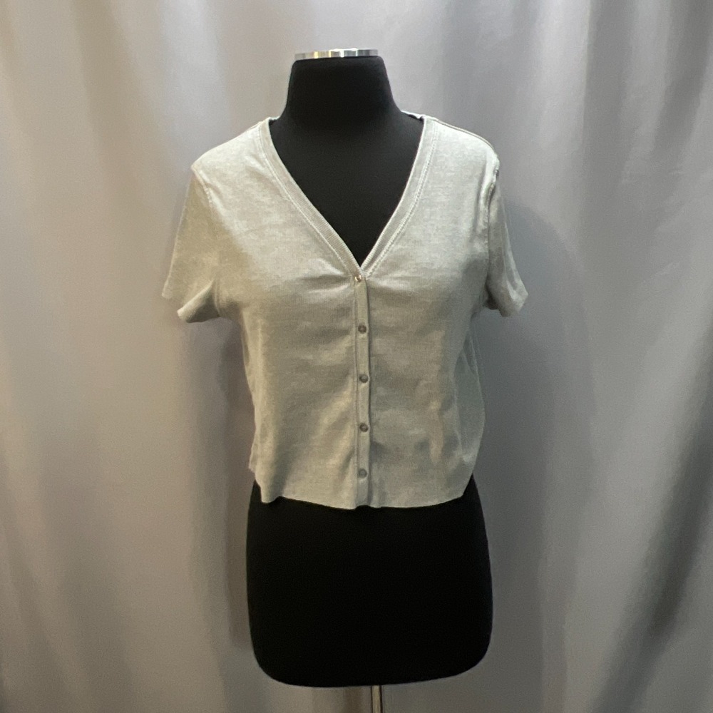 Topshop Ribbed Tee Womens 10 Ribbed Heathered Gray Cotton Stretch Button Front